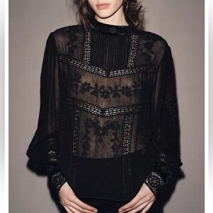 Zara ZW Collection Black Embroidered Velvet Trim Blouse Top